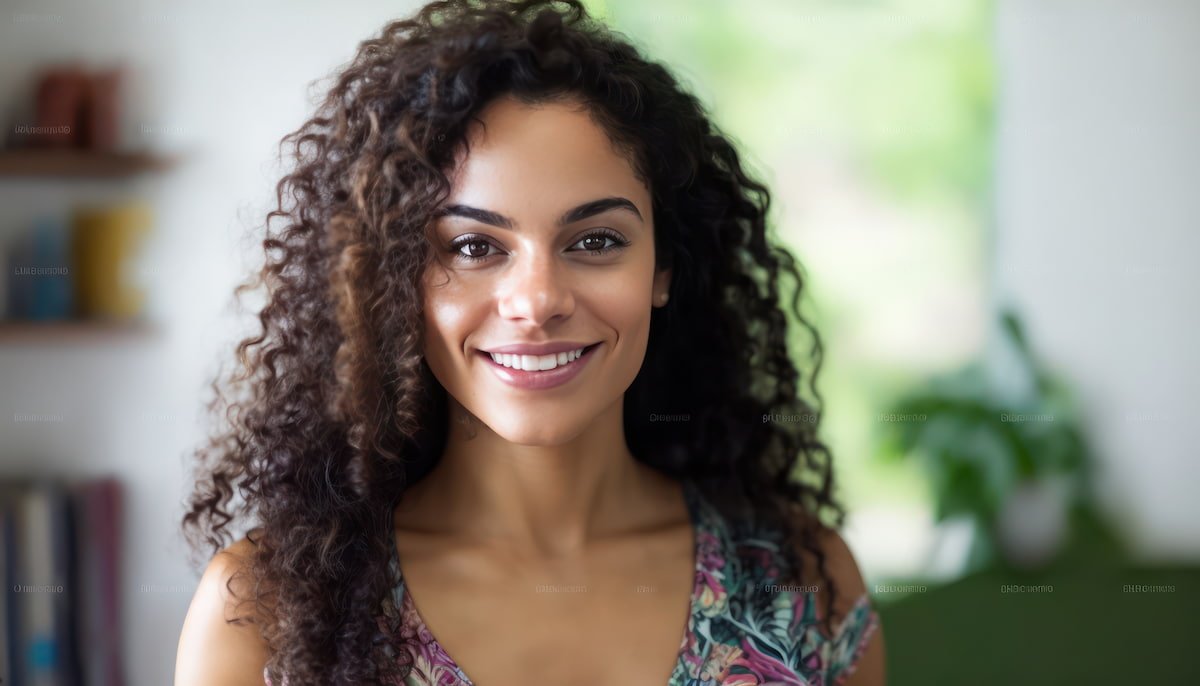 Smiling attractive Hispanic young woman looking at the camera