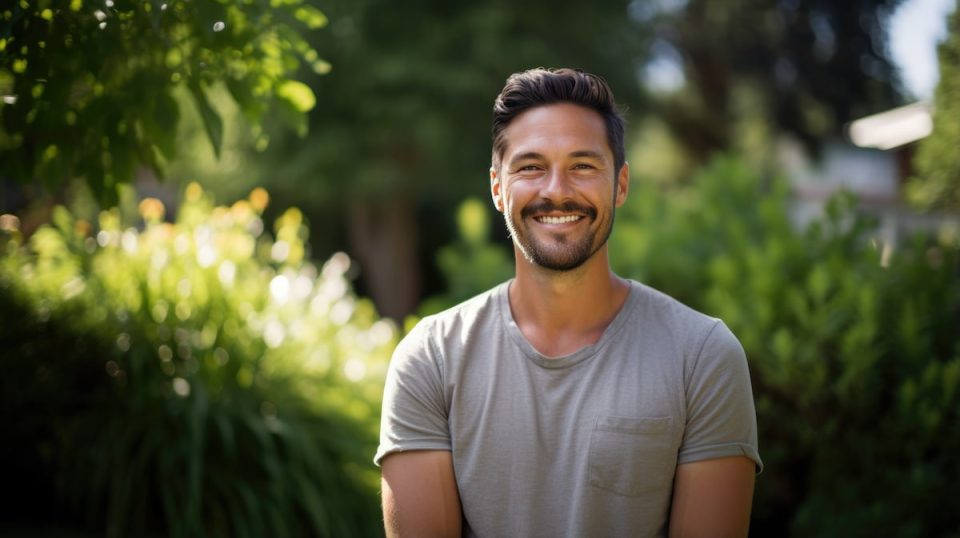 joyful man smiling in his back yard on a sunny day