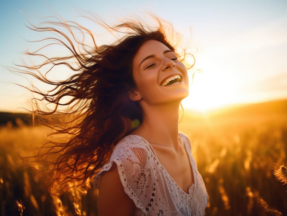 happy woman enjoying sunshine and a walk in nature