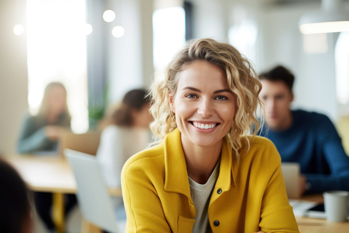 happy confident young woman in a public place