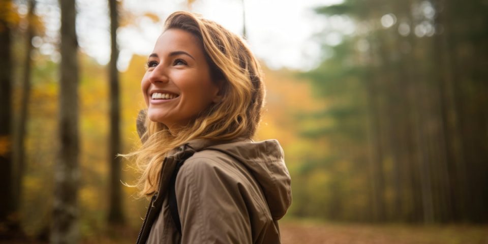 relieved anxiety-free woman walking in autumn forest