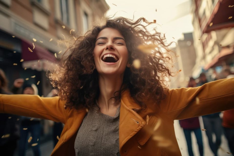 woman feeling free and happy in the city