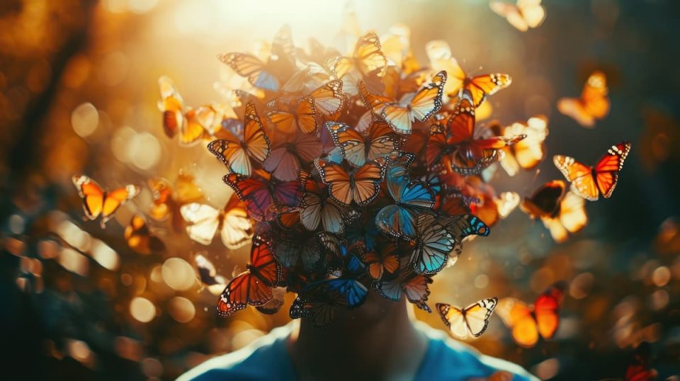 Photo of a Person with a Head Full of Colorful Butterflies