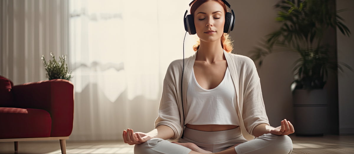 woman meditating while sitting with her eyes closed and wearing headphones