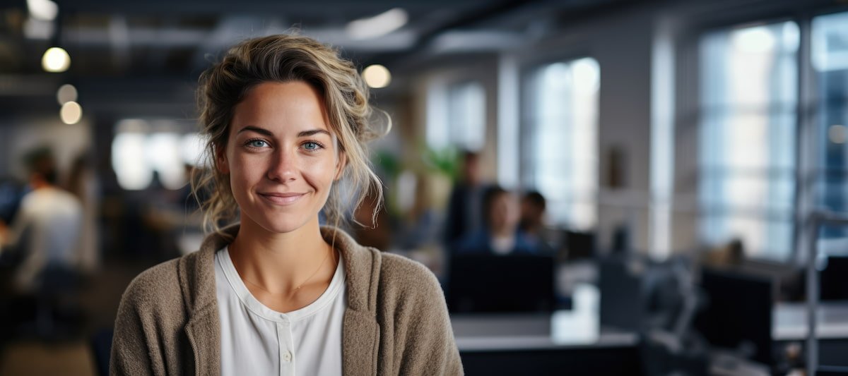 Smiling attractive confident professional woman posing at her business office with her coworkers and employees in the background