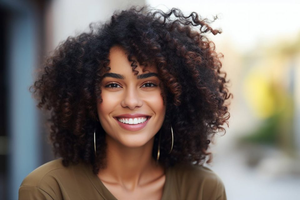 anxiety-free smiling young woman with curly hair