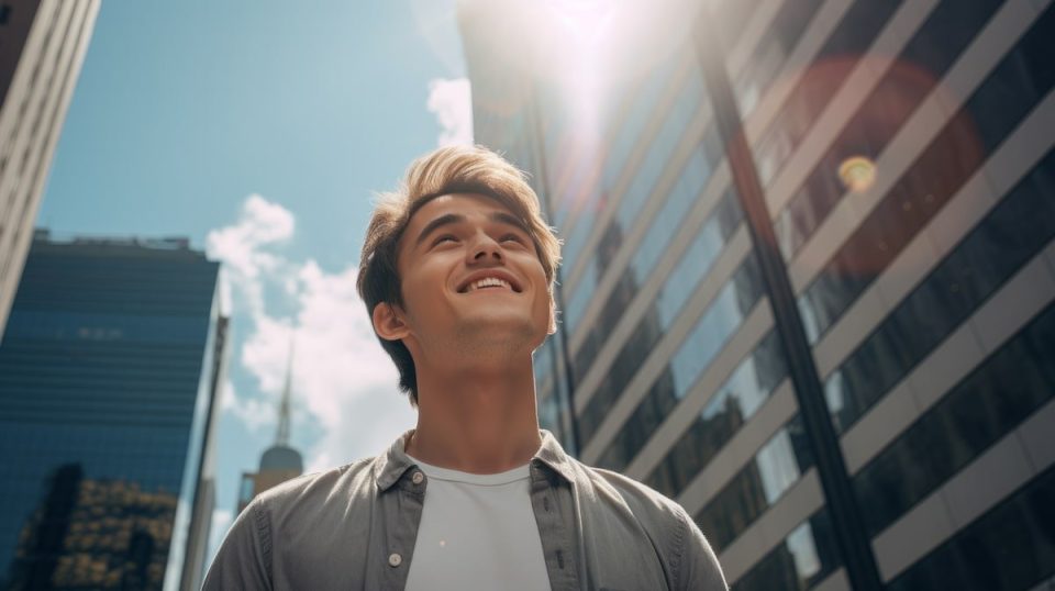 A happy young man looking up at the sky alone in a busy city, sun shining