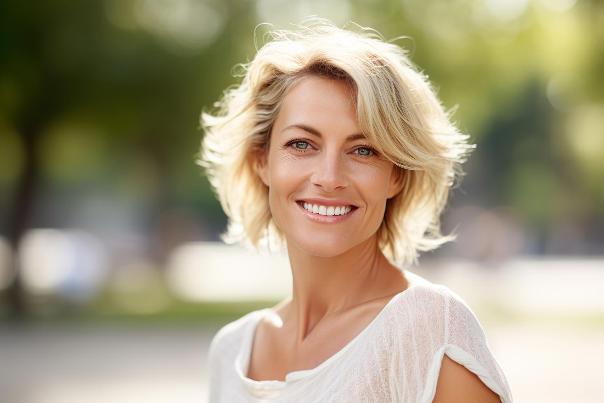 blond woman with short hair smiling gently while looking at the camera