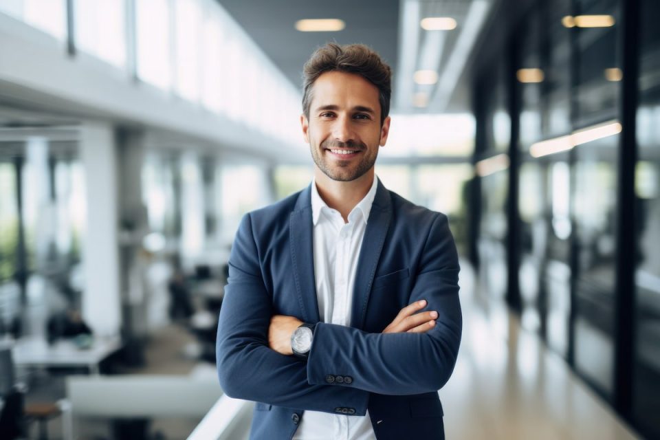 young man in business clothes with his arms crossed in an office building