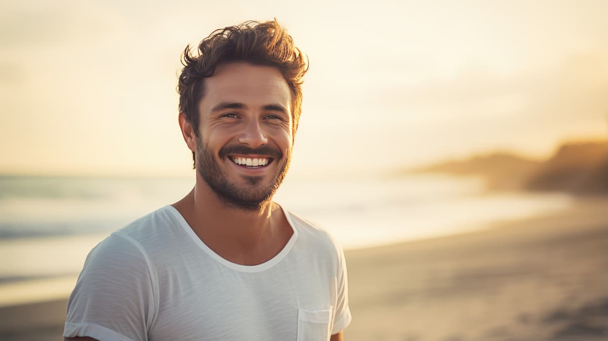 a smiling young man on the beach