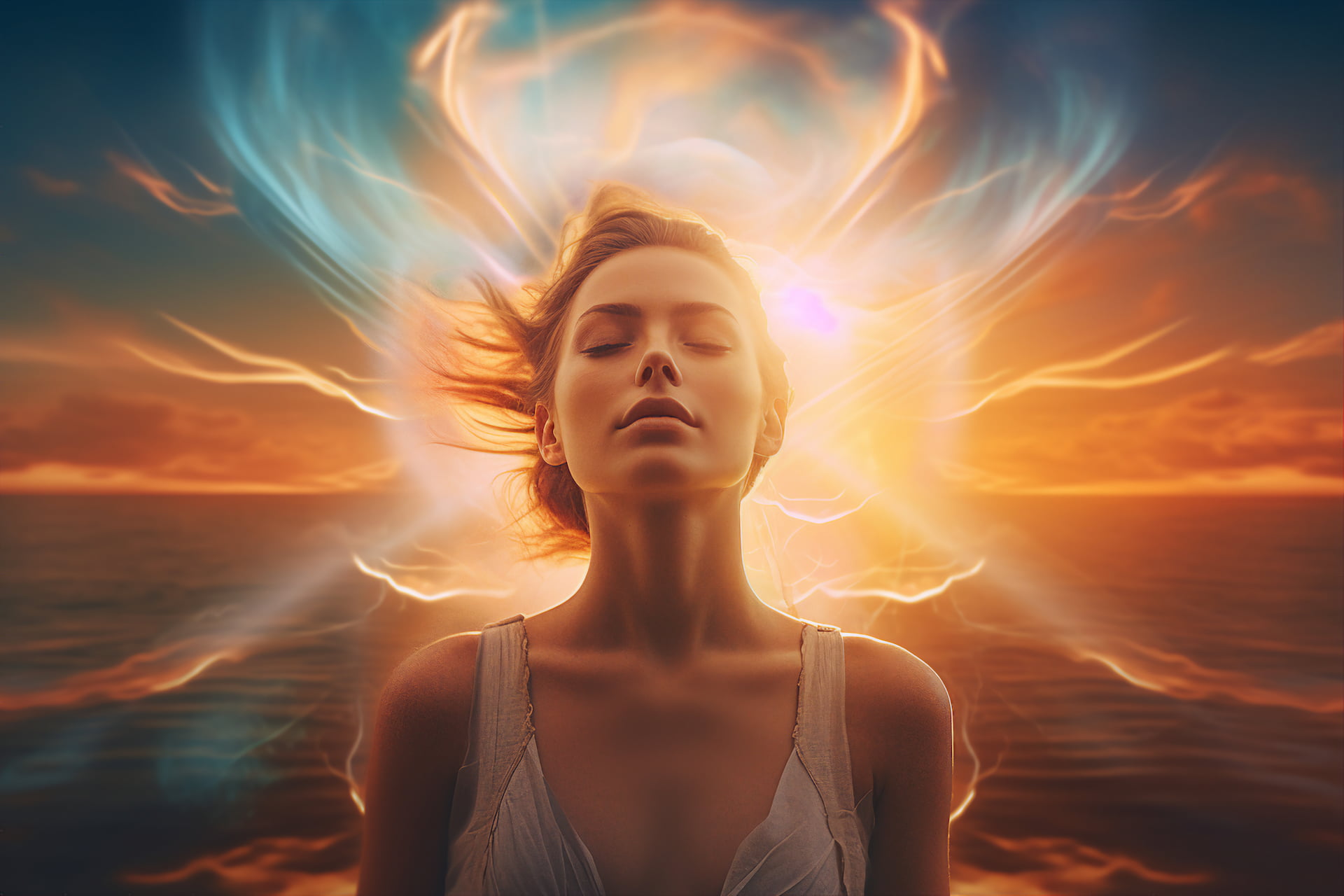 A young woman with her eyes closed as red and yellow rays of light are swirling around her head