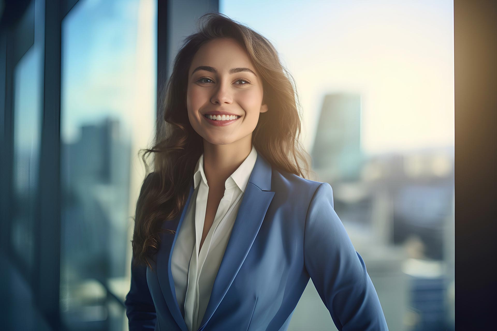 young professional business woman wearing a blue suit standing in the office environment