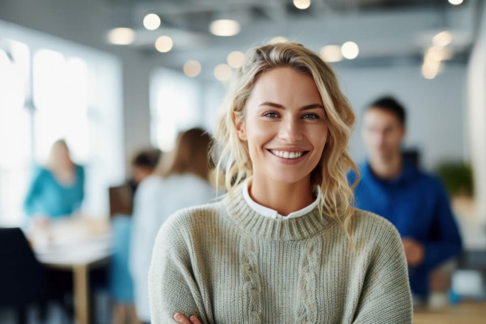 woman standing in the office while looking at camera and smiling