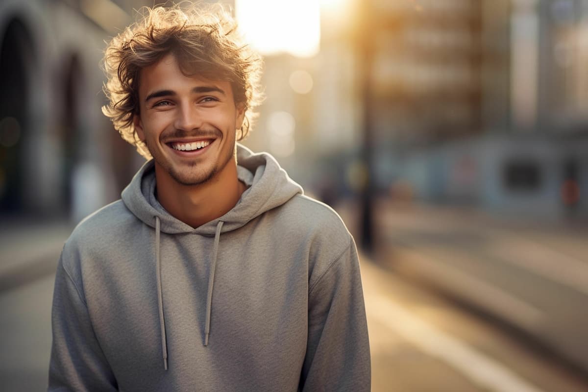 young handsome man wearing a sweatshirt standing on the street smiling while the sun is behind him