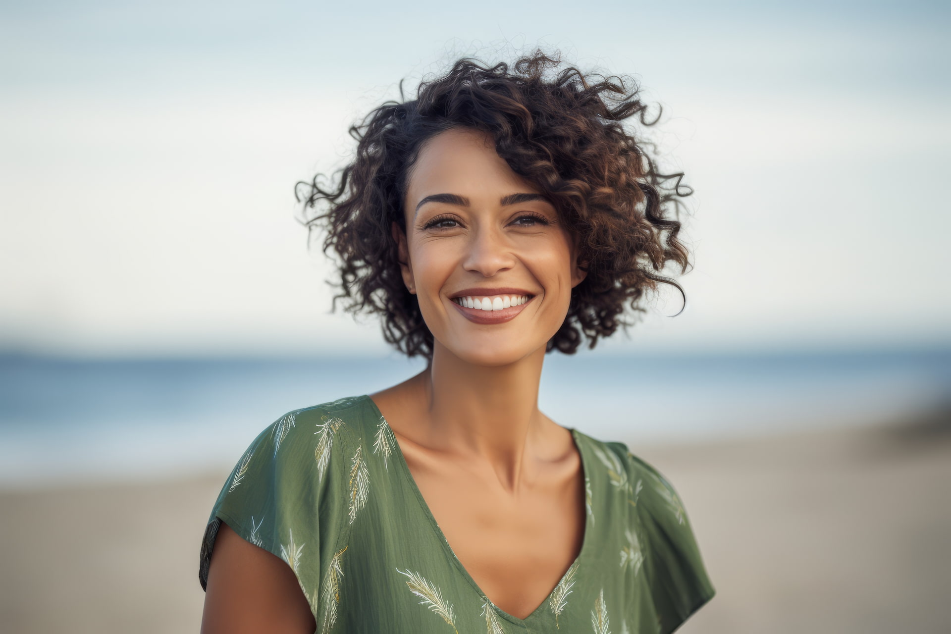 a woman with curly hair and olive tanned skin is smiling at the camera