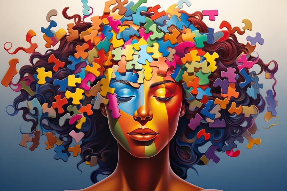 A portrait of a young woman with long hair, whose head is replaced by colorful puzzles