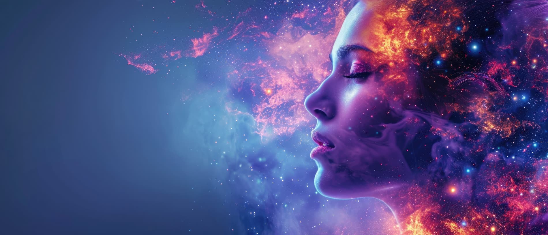 abstract portrait of a beautiful woman double exposure with a colorful space nebula