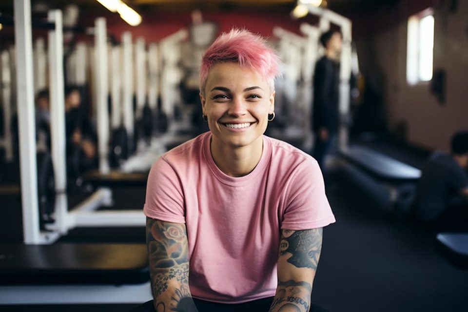 person with short pink hair and tattoos on arms smiling at the gym