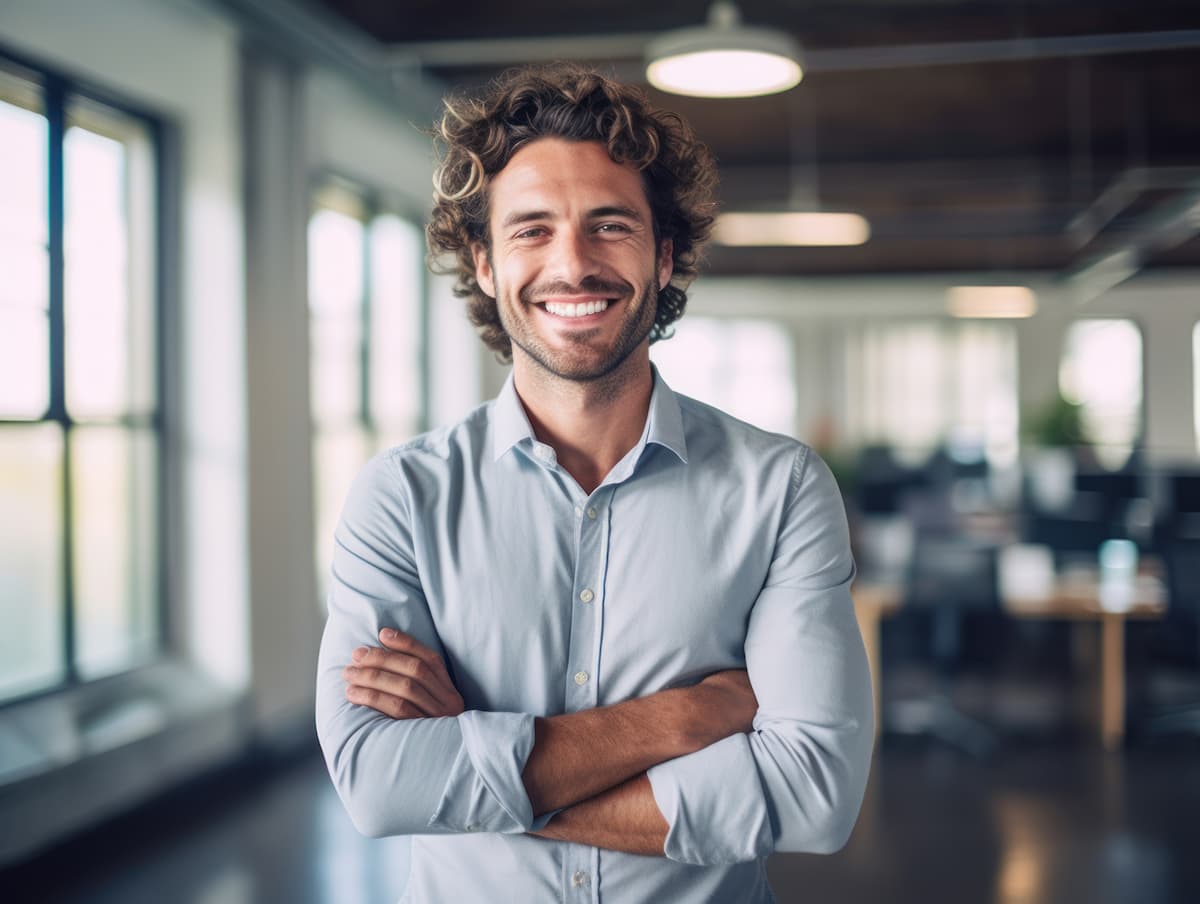 Confident handsome man smiling at work