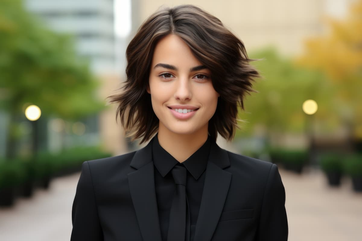 androgenous person wearing black suit and smiling while looking at the camera