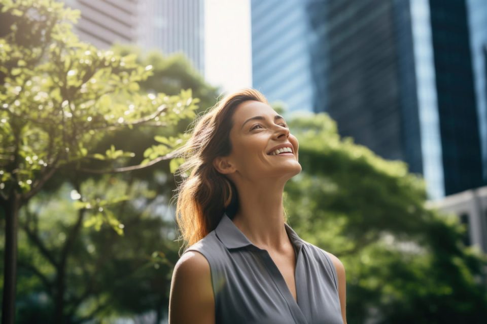 anxiety free woman looking up