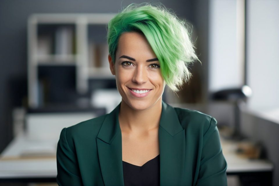 portrait of a young woman with short dyed green hair in the office