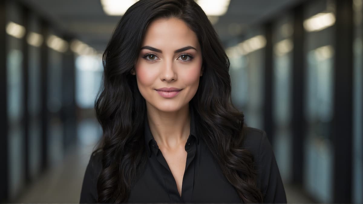 confident woman with long black hair wearing black